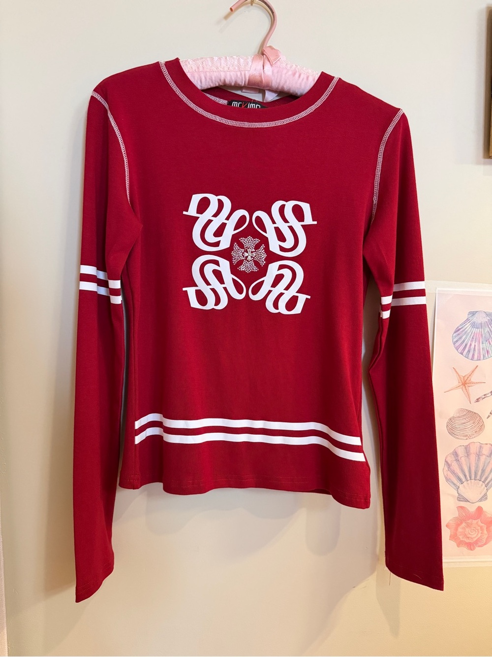 Red Long-Sleeve Graphic Crewneck Top by MCM/MDN